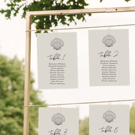 Seating Assignments Wedding, Shell Seating Chart, Beach Seating Chart, Coastal Wedding Seating Chart Ideas, Coastal Seating Chart, Shell Name Cards Wedding, Beach Theme Seating Chart, Beach Wedding Seating Chart, Coastal Wedding Seating Chart