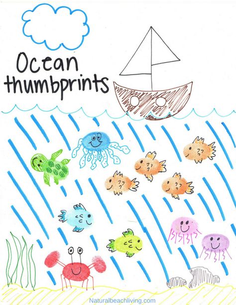 Thumbprint Ocean Animals, make Fingerprint Art Animals with your kids with a free printable tutorial to make it easy for you.  Easy to follow step by step directions. Add these Ocean Animal crafts to any ocean theme, These thumbprint animal pictures are adorable. fingerprint animals pictures, how to make fingerprint animals #ocean #oceanart #oceananimals #artforkids #oceantheme #preschool #kindergarten #thumbprintanimals #fingerprintanimals Thumbprint Animals, Fingerprint Fish, Fingerprint Animals, Fingerprint Art Kids, Ocean Activity, Thumbprint Crafts, Ocean Animal Crafts, Ocean Theme Preschool, Thumbprint Art