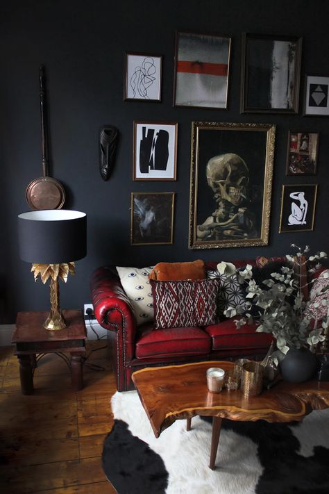 Dark and Moody Maximalist UK House Decorated on a Budget | Apartment Therapy Casa Rock, Moody Living Room, Dark Living Rooms, Red Couch, Goth Home Decor, Dark Home Decor, Dark Home, Dark Interiors, Gothic Home