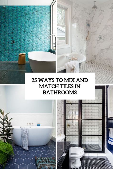 25 Ways To Mix And Match Tiles In Bathrooms Tiles In Bathroom, Mix Tiles, Bathroom Tiles Combination, Unique Bathroom Tiles, Bathroom Tiles Design Ideas, Master Bath Tile, Bedroom Revamp, Colorful Bathroom Tile, Trendy Bathroom Tiles