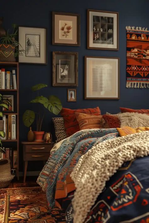 31 Stunning Boho Bedroom Ideas - DailyHomeSafety Deep Teal Bedroom Ideas, Blue And Orange Room Bedroom, Eclectic Bedroom Decor Ideas, Boho Bedroom Navy, Orange And Blue Bedroom Ideas, Navy Bedroom Aesthetic, Moody Navy Bedroom, Dark Blue Boho Bedroom, Rust And Blue Bedroom