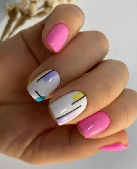 Geometric Summer Nails, Abstract Spring Nails, Summer Nails Dots, Short Real Nails Ideas, Gelish Nails Designs, Nails Frances, Short Gel Nails, Simple Gel Nails, Short Acrylic Nails Designs