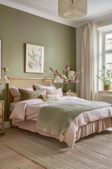 Chic Pink and Green Bedroom Ideas for Adults Pink And Sage Bedroom Aesthetic, Sage And Pink Interior, Pink White Gold Green Bedroom, Jade And Pink Bedroom, Neutral And Colorful Bedroom, Pink Grey White Green Bedroom, Green And Pink Decor Bedroom, Mint Green Pink And Grey Bedroom, Pink And Green Master Bedrooms