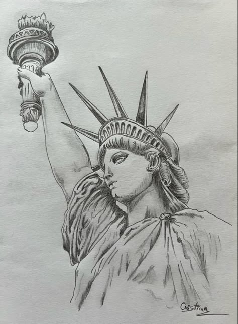 New York - Statue of Liberty — Drawing - pencil sketch - A place I ... 💜💛💚🧡 ... !!! #citydrawing #arhitecture #drawing #pencilsketch #handmade #artwork #USA #NewYork #libertystatue #StatueofLiberty #statue State Of Liberty Drawing, Famous Landmarks Drawing, Statue Of Liberty Drawing, Kota New York, New York Drawing, Statue Liberty, Art Improvement, New York Statue, Gcse Textiles