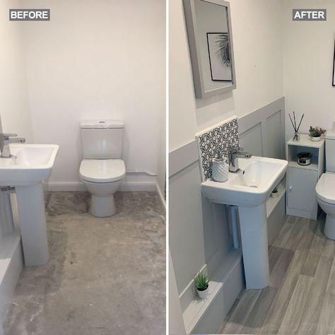 A savvy DIYer transformed her downstairs bathroom into a luxe retreat for just £8, thanks to some clever tile stickers and leftover project supplies. Grey Downstairs Toilet Ideas, Panelled Walls Downstairs Toilet, Wall Panelling Downstairs Toilet, Toilet Wall Panelling, Grey Downstairs Toilet, Tiles Above Sink Bathroom, Downstairs Toilet Ideas Panelling, Panelled Downstairs Toilet, Wall Panelling Bathroom