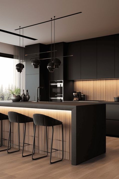 Black Matt Kitchen Cabinets, Black And Wood Island Kitchen, Dark Black Kitchen Aesthetic, Contrast Kitchen Design, Kitchen Black With Wood, Black Bright Kitchen, Light In Kitchen Ideas, Black Modern Home Interior Design, Modern Wood Home Decor