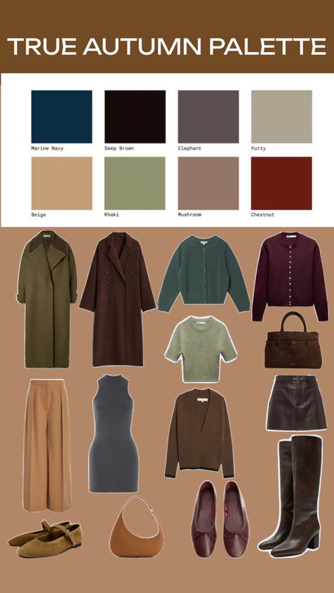 True autumn, warm autumn color palette Fall Color Combinations Clothes, Mellow Autumn Style, Autumn Colour Palette Clothes Outfit, Summer Outfits For Autumn Palette, Dark Autumn Vs True Autumn, True Autumn Black Women, Fall Color Palette Clothes Family Photos, Deep Autumn Fall Outfits, Color Analysis Autumn Outfit