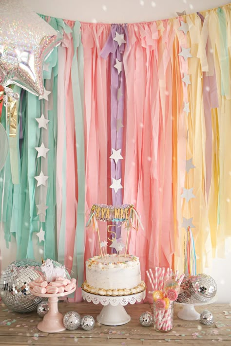 Plastic Streamer Backdrop, Disco Balls Birthday Party, Disco 3rd Birthday, Cake Party Decorations, Disco Unicorn Party, Rainbow Disco Birthday Party, One Is Fun Birthday Party Girl, Girls Disco Birthday Party, One Sweet Girl Birthday Party