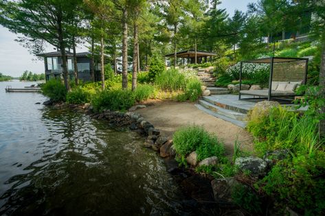 Lake Shore Landscaping Ideas, Muskoka Landscaping, Lakefront Landscaping Ideas, Lake Front Landscaping, Riverfront Landscape, River Landscaping, Lake Landscape Design, Lakefront Landscaping, Lake Deck