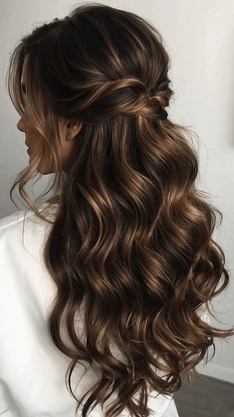 Dive into the Wave: 15 Wavy Hair Style Ideas for Your Perfect Look 45 Wedding Hairstyles Thick Brown Hair, Hairstyles Wavy Hair Medium Wedding, Bridal Hair Based On Dress, Brunette Wavy Hairstyles, Bridesmaid Summer Hairstyles, Hairstyles For Weddings Half Up Half Down, Bridesmaid Hairstyles Half Up Half Down Braid Medium Lengths Long, Bridal Hair Half Up Half Down Brunette, Soft Romantic Curls Wedding