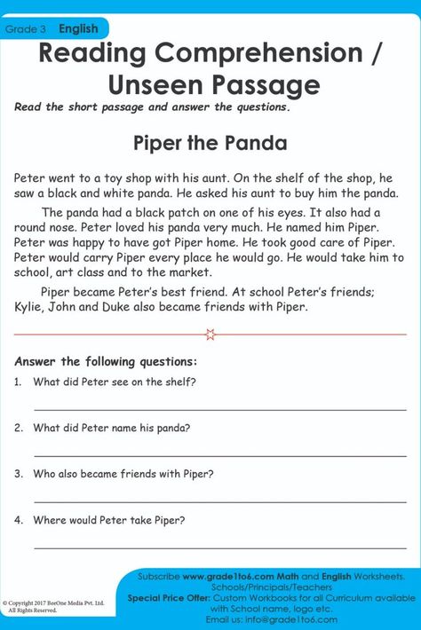 Comprehension passage for Class 3 CBSE / NCERT/ PYP syllabus will help students immensely with reading skills. Used by millions of students and teachers every day. Subscribe to www.grade1to6.com for just $25 a year to get 6000 plus Maths and English worksheets for Grade 1 to Grade 6 #mathworksheets #schoolprincipals #englishworksheets Grade 3 English Worksheets, Department Of Education Logo, English Worksheets For Grade 1, Grade 3 Reading, Grade 3 English, Passage Comprehension, Class 3 Maths, Grade 2 English, English Comprehension