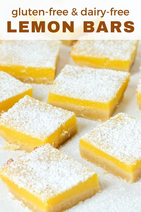 These gluten-free lemon bars make a lovely dessert for any occasion. They are easy to make and turn out beautifully. General Conference Treats, Dairy Free Lemon Bars, Gluten Free Lemon Desserts, Delicious Lemon Desserts, Spring Dinners, Gluten Free Lemon Bars, Gluten Free Comfort Food, Gf Meals, Gluten Free Dinner Easy