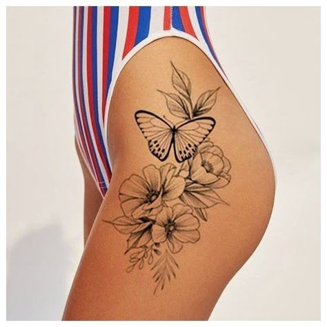 Cool Big Tattoos, Big Tattoos For Women, Minimalist Tattoo Women, Side Thigh Tattoos Women, Meaningful Couple Tattoos, Unique Minimalist Tattoo, Butterfly Leg Tattoos, Couple Tattoos Ideas, Butterfly Thigh Tattoo