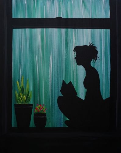 Rainy Day Reader tonight at Paint Nite Canvas Painting Ideas Silhouette, Canvas Silhouette Painting, Silhouette Painting Tutorial, Sillhoute Art Painting, Painting Of Rainy Day, Rainy Day Canvas Paintings, Silouhette Painting Ideas, Rainy Day Painting Ideas, Rainy Day Painting Easy