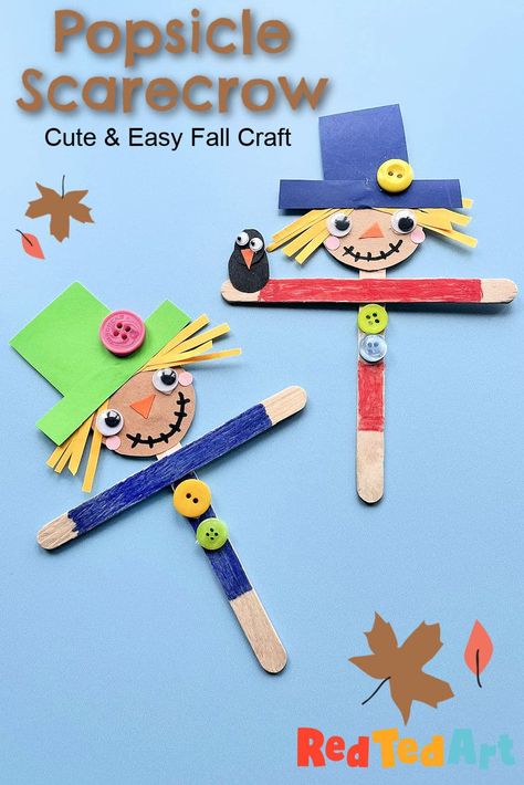 Popsicle Stick Crafts For Thanksgiving, Early Fall Crafts For Kids, Craft Stick Scarecrow, Popsicle Stick Scarecrow Crafts For Kids, Fall Crafts For Elementary Students, November Crafts For First Grade, September Crafts For 2nd Grade, Fall Classroom Projects, Fall Show And Tell Ideas For Kids