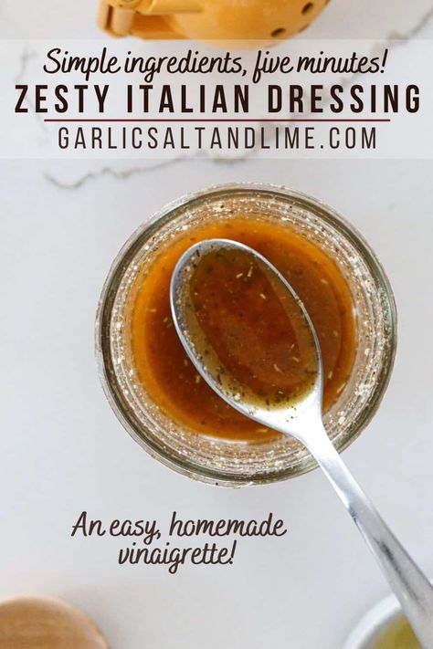 This homemade, zesty Italian dressing is so easy to make and better than the bottled stuff. It's made with simple, whole ingredients that you've likely already got on hand and comes together in just 5 minutes! It's the best vinaigrette for all your favorite green, leafy salads but also makes an amazing marinade for chicken and goes great on pasta salad. Make it with olive oil, white wine vinegar (or red wine vinegar), lemon juice and seasonings. Ready in 5 minutes! Homade Salad Dressing, Olive Oil Dressing Recipes, Zesty Italian Dressing Recipe, Best Vinaigrette, Sweet And Sour Dressing Recipe, Healthy Homemade Salad Dressing, Italian Salad Dressing Homemade, Sweet And Sour Dressing, Leafy Salads