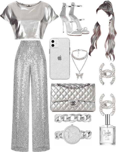 Sliver Outfit Party, Silver 70s Outfit, Grey Party Outfit, White Sliver Outfit, Silver And Grey Outfit, White And Silver Outfits For Women, Silver Romper Outfit, Silver Theme Outfit, Silver Clothes Fashion