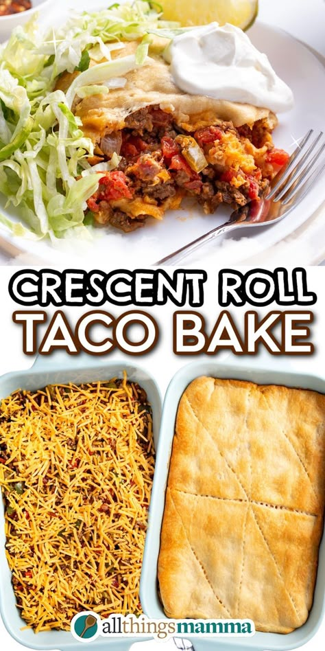 Crescent Roll Taco Bake social collage graphic Tacos With Crescent Rolls, Easy Taco Bakes, Crescent Roll Enchiladas, Crescent Roll And Hamburger Meat Recipes, Easy Dinners With Crescent Rolls, One Pan Taco Bake, Taco Pizza With Crescent Rolls Pillsbury, Taco Meat With Crescent Rolls, Taco Pillsbury Crescent Rolls