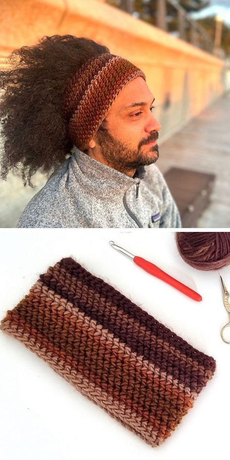 a man wearing a crochet headband in brown Crochet Mens Ear Warmer Free Pattern, Crochet Headband For Men, Crochet Gift For Boys, Men Crochet Ideas, Crochet Items For Men, Crochet Gift For Men, Crochet Gift Ideas For Men, Crochet Projects For Men, Crochet For Him