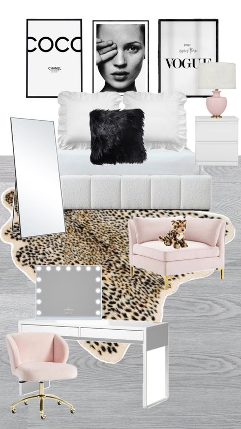 Leopard print Bedroom Room Decor Pink Navy White Cool Cute Navy And Leopard Bedroom, Bedroom Ideas Animal Print, Black White Pink And Gold Bedroom, Dorm Black And White, Room Inspo Leopard Print, Vogue Room Ideas, Light Pink And Cheetah Bedroom, Bedroom Ideas Leopard Print, Cheetah Print Room Ideas Bedrooms