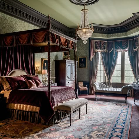 Victorian-style House💖💖 Victorian Master Suite, Victorian House Interiors Bedroom, Victorian Hotel Room, Victorian Homes Bedroom, Traditional Victorian House Interior, Victorian Era Bedroom, Victorian Bedroom Vintage, Victorian House Aesthetic, Victorian Aesthetic Bedroom