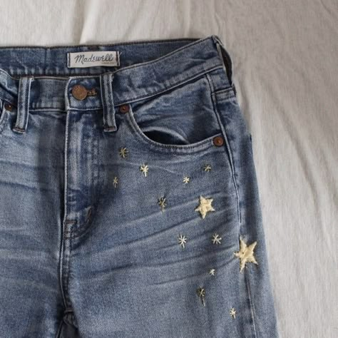 tatum brandt Jean Embroidery, Embroidery Jeans Diy, Vest Ideas, Clothes Embroidery Diy, Clothes Embroidery, Small Embroidery, Clothing Board, Diy Vetement, Visible Mending