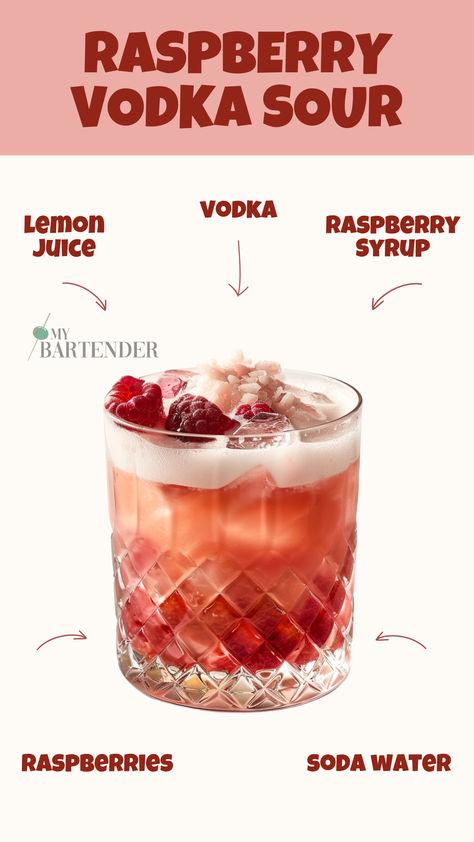 Raspberry  Vodka Sour Vodka Sour Recipe, Vodka Sour, Vodka Cocktails Easy, Bartender Drinks Recipes, Bartender Drinks, Cocktail Drinks Alcoholic, Raspberry Vodka, Mixed Drinks Alcohol, Yummy Alcoholic Drinks