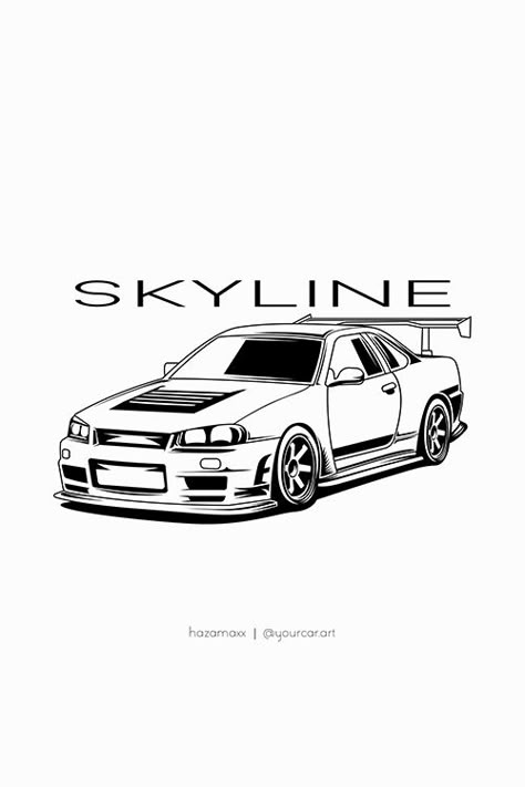 Jdm Car Outline Drawing, Nissan Skyline Gtr R34 Tattoo, Skyline Gtr R34 Drawing Easy, Cool Cars Drawings, Nissan Gtr R34 Drawing, Nissan R34 Drawing, Nissan Gtr Art, Nissan Gtr Tattoo, Skyline Drawing Car