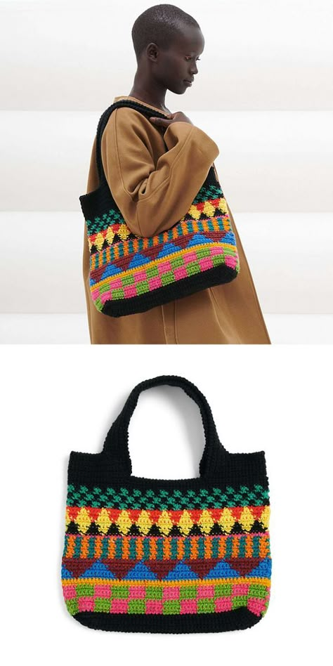 A person carrying a brightly colored tapestry crocheted tote bag over their shoulder. Practical Crochet, Crochet Tote Bag Pattern, Handbags Patterns, Bags Pattern, Crochet Shoulder Bags, Shoulder Bags Pattern, Womens Crochet Patterns, Crochet Bag Pattern Free, Bag Pattern Free