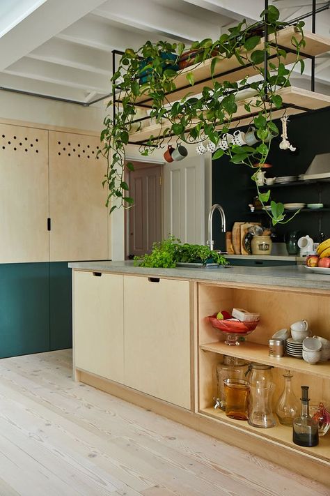 Hanging Kitchen Shelves, Hanging Shelf Kitchen, Ceiling Shelves, Plywood Kitchen, Quirky Kitchen, Kitchen Plants, Estantes Flotantes, Kitchen Extension, Kitchen Units