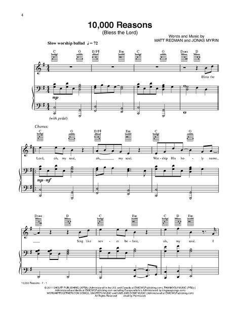 Christian Piano Sheet Music, 10000 Reasons, 10 000 Reasons, Easy Sheet Music, Christian Song Lyrics, Bless The Lord, Ukulele Chords, Piano Tutorial, Piano Chords