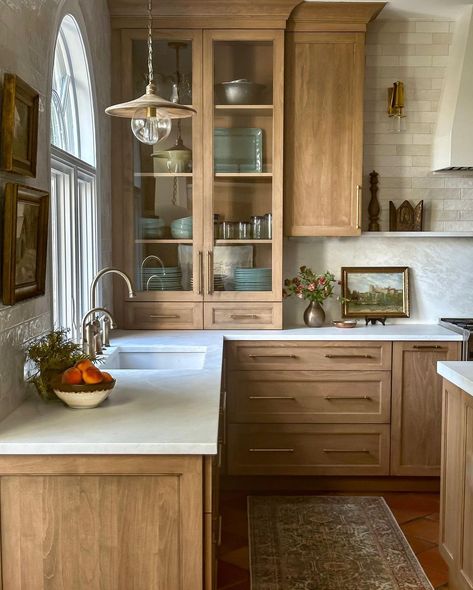 Kitchen design inspiration Cabinets That Sit On Countertop, All Wood Cabinets, Upper Cabinets That Sit On Countertop, Open Shelving Next To Kitchen Window, Oak Cabinets Marble Countertops, Wood Shelf In Kitchen, Moody Wood Kitchen, Maple Almond Cabinets, Smoked Oak Kitchen Cabinets