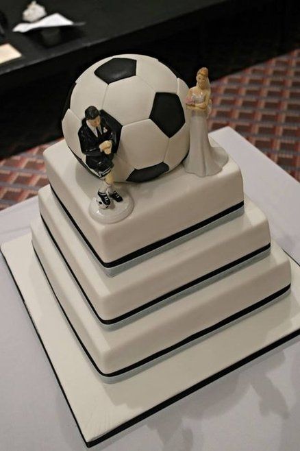 soccer  themed wedding cake  ~ the ball is cake too :)) Football Wedding Cake, Soccer Wedding, Football Wedding Theme, Football Wedding, Funny Cake Toppers, Funny Wedding Cake Toppers, Soccer Theme, Art Football, Sports Wedding