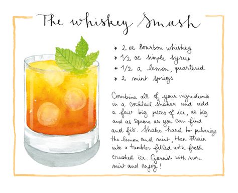 Whiskey Smash Cocktail Recipe Card / Nathalie Ouederni for Oh So Beautiful Paper Diy Cocktail Recipe Book, Cocktail Recipe Book Diy, Whiskey Smash Cocktail, Cocktail Recipe Cards, Wine Slushies, Cocktail Cards, Bourbon Cocktail Recipe, Whiskey Smash, Cocktail Recipes Whiskey