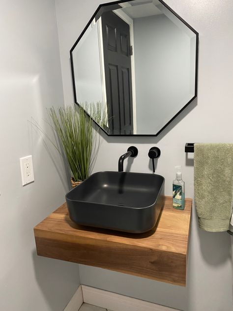 Floating shelf wood vanity. Small bathroom ideas. Floating Sink Vanity, Floating Bathroom Sink, Floating Vanity Bathroom, Shelf Vanity, Floating Sink, Small Bathroom Layout, Small Bathroom Sinks, Vanity Shelves, Sink Shelf