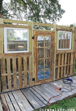 pallet garden shed potting old windows cans, diy, outdoor living, pallet, repurposing upcycling, roofing, woodworking projects Pallet Garden Shed, Shed Inspiration, Pallet Building, Pallet Shed, Pallet House, Small Woodworking Projects, Pallet Outdoor, Pallet Garden, Old Pallets