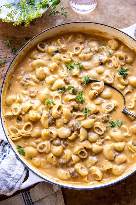 Healthier Homemade One Pot Hamburger Helper | halfbakeharvest.com Simple Meals With Hamburger Meat, Ground Beef Hamburger Helper Recipes, Half Baked Harvest Hamburger Helper, Pasta Recipes With Hamburger Meat, Half Homemade Recipes, Salt And Lavender Hamburger Helper, Gf Hamburger Helper, Pasta For Meal Prep, Beef Pasta Healthy