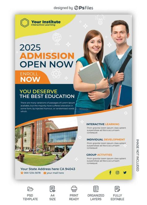 Academy Poster Design Ideas, College Pamphlet Design, College Brochure Design Creative, School Banners Ideas, University Admission Poster, Educational Poster Design Inspiration, College Flyer Design, College Admission Poster, University Flyer