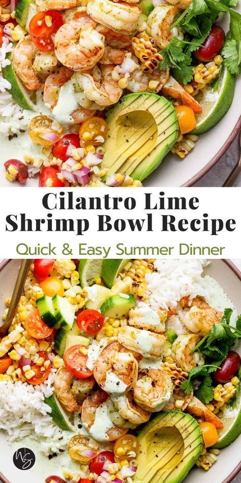 Our fresh Cilantro Lime Shrimp Rice Bowl is the most epic rice bowl that you are going to be loving all summer long! Made with flavorful grilled shrimp, fresh grilled corn salad, avocado, and a homemade cilantro yogurt sauce all served on top of a bed of rice. The perfect rice bowl recipe! Dinner ready in just 35 minutes, making for the perfect weekday meal. This recipe is gluten-free and dairy-free friendly. Rice Bowls With Shrimp, Street Corn Shrimp Bowl, Cilantro Lime Rice With Shrimp, Cilantro Lime Shrimp Recipes, Cilantro Lime Grilled Shrimp, Cilantro Rice Bowl, Shrimp Bowl Meal Prep, Shrimp Veggie Bowl, Tropical Shrimp Rice Bowl