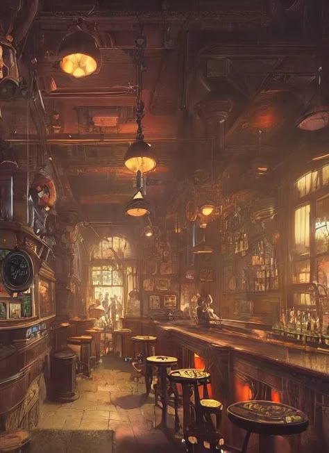 Bootlegger Aesthetic, Steampunk Bar Design, Steampunk Tavern, Steampunk Landscape, Steampunk Moodboard, Steampunk Restaurant, Steampunk Lab, Speakeasy Art, Steampunk Cafe