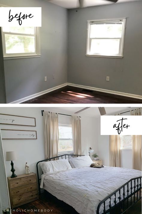 Best Small Master Bedrooms, Small Asymmetrical Bedroom, Guest Bedroom Makeover Before And After, Bedroom Ideas For Small Rooms With Window, Small Bedroom Master Ideas, Small Room Design Couple, Couple Bedroom Layout Ideas, Old House Bedroom Remodel, Small Space Masterbedroom