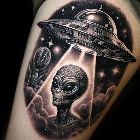 Alien Tattoo Realistic, Alien Neck Tattoo, Alien Chest Tattoo, Alien Ufo Tattoo, Geometric Space Tattoo, Satellite Tattoo, Alien Invasion Art, Sean Tattoo, Space Tattoo Designs