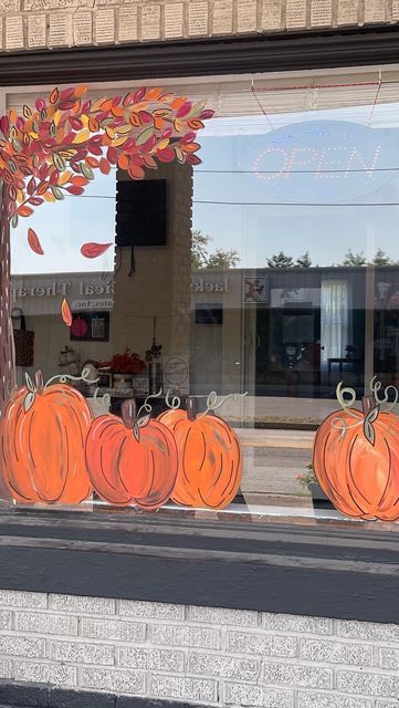 Work Window Decorations, Fall Pumpkin Window Painting, Halloween School Window Display, Fall Window Scene, Fall Storefront Window Painting, Fall Tree Window Painting, Fall Business Window Displays, Fall Painting On Windows, Fall Halloween Window Painting