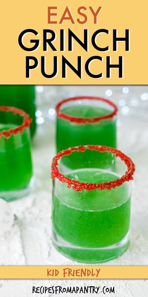 This colorful family-friendly Grinch Punch recipe is great for the festive season! All that's needed are just 6 ingredients & 5 minutes to make this fun Green Christmas punch for kids. It's so easy to make that the kids can even do it themselves! Plus you can prep this easy punch recipe in advance so perfect for entertaining. This is the holiday punch you'll be making all season long. Click to get this Non Alcoholic Punch Drink!! #punch #christmaspunch #holidaydrinkrecipes #drinks #grinch Hulk Punch Recipe, Non Alcoholic Grinch Punch, Christmas Grinch Drink, Christmas Party Drinks Kids, Kid Friendly Grinch Punch, Kids Grinch Punch, Grinch Punch Without Sherbert, Green Christmas Punch Nonalcoholic, Grinch Punch Recipe For Kids No Sherbert