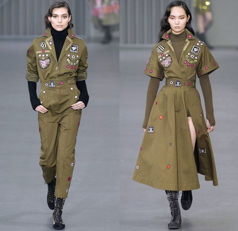 Temperley London 2018-2019 Fall Autumn Winter Womens Runway Catwalk Looks - London Fashion Week Collections UK - Trail Blazers 1940s Forties Aviator Pilot Military Badges Patches Khaki Fatigues Sheer Chiffon Tulle Geometric Ribbon Embroidery Bedazzled Sequins Clouds Stars Stripes Mesh Fishnet Silk Satin Fur Shearling Quilted Waffle Overcoat Kimono Blouse Shirt Turtleneck Sweater Field Flight Jacket Pantsuit Maxi Dress Gown Eveningwear Wide Leg Cutout Shoulders Combat Boots Wide Belt Pilot Outfit Women, Military Jacket Women Outfit, Military Outfits Women, Geometric Outfit, Military Jacket Outfit, Aviator Outfit, Combat Fashion, Camo Jacket Women, Military Inspired Outfit