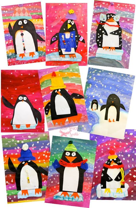 Colorful penguin art project that use simple supplies and teaches a bunch of art techniques. Makes a cute Xmas craft, too! Art 2nd Grade, Classe D'art, Winter Art Lesson, First Grade Art, Deep Space Sparkle, 2nd Grade Art, Winter Art Projects, Winter Kindergarten, Penguin Art