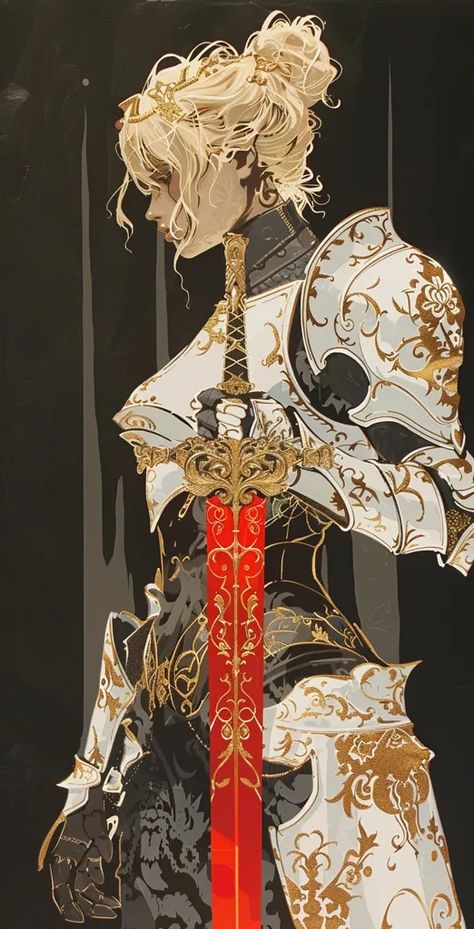 The painting depicts a woman in medieval armor. She is wearing a white and gold breastplate with intricate designs and a red skirt ->> more details in ai-img-gen.com Fantasy Breastplate Armor, Medieval Woman Armor, White Armor Fantasy, Medieval Helmets Design, White And Gold Armor Female, Lady In Armor, Redhead Knight Female, Female Knight Painting, Red And White Character Design