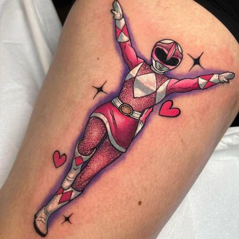 Pink Girly Tattoos, Womens Quarter Sleeve Tattoo Upper Arm, 90s Inspired Tattoos, Barbie Inspired Tattoo Ideas, Rocket Power Tattoo, Pink Power Ranger Tattoos, Girly Pop Tattoo, Traditional Barbie Tattoo, Nostalgic Tattoo Ideas