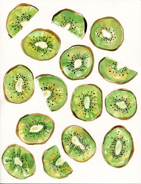 Water Colour Fruit Painting, Fruit Slice Painting, Kiwi Painting Easy, Kiwi Acrylic Painting, Watercolour Kiwi Fruit, Watercolor Food Illustration, Fruits Drawing, Watercolor Food, Watercolor Fruit