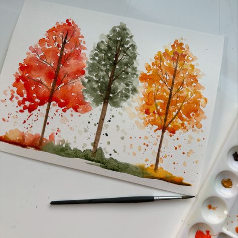 If you love Fall aesthetic as much as I do the upcoming September and October watercolor classes will be right up your alley. We’re painting Fall leaves, trees and pumpkins for the Fall lovers and art lovers. What else should we learn to paint? Give me some ideas 👇🏼. #huart #watercolor #watercolorart #fallaesthetic #fallleaves #falllover #artlovers #watercolorist #learnwatercolor #watercolorpainting #watercolorbeginners #duluth #duluthmn #art #artinspiration Acrylic Paintings Easy Simple, Watercolour Fall Paintings, Simple Autumn Painting Ideas, Watercolor Fall Pumpkins, Fall Trees Watercolor Paintings, Fall Crafts Painting, Fall Flower Painting Ideas, Fall Watercolor Doodles, September Watercolor Paintings